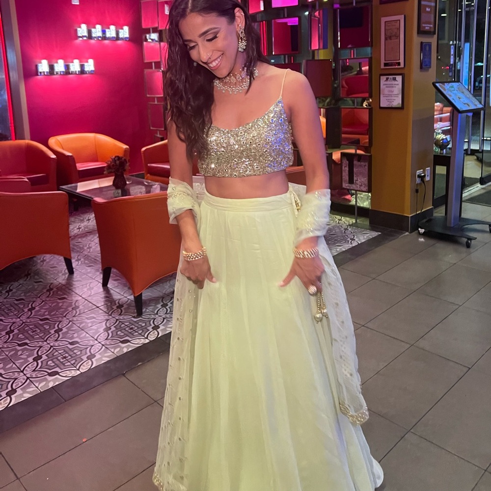 Elegant Gold and Light Green Embellished Lengha Dress